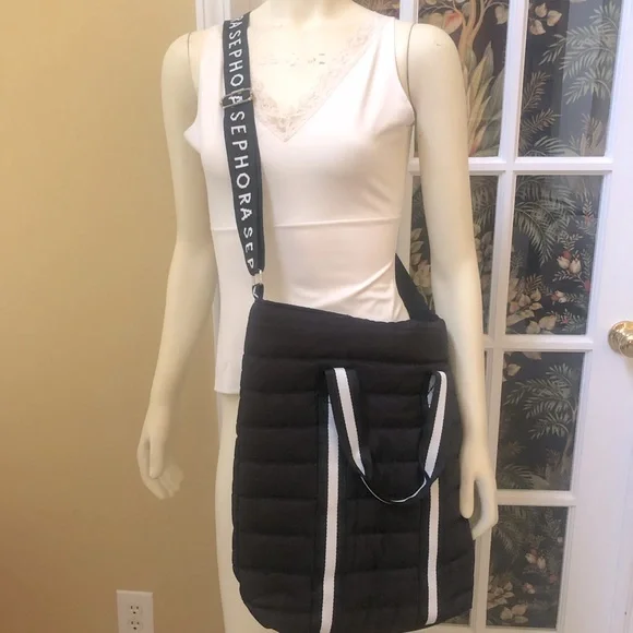 Sephora Black White north south full zip puffy nylon tote shoulder crossbody bag - Picture 2 of 10